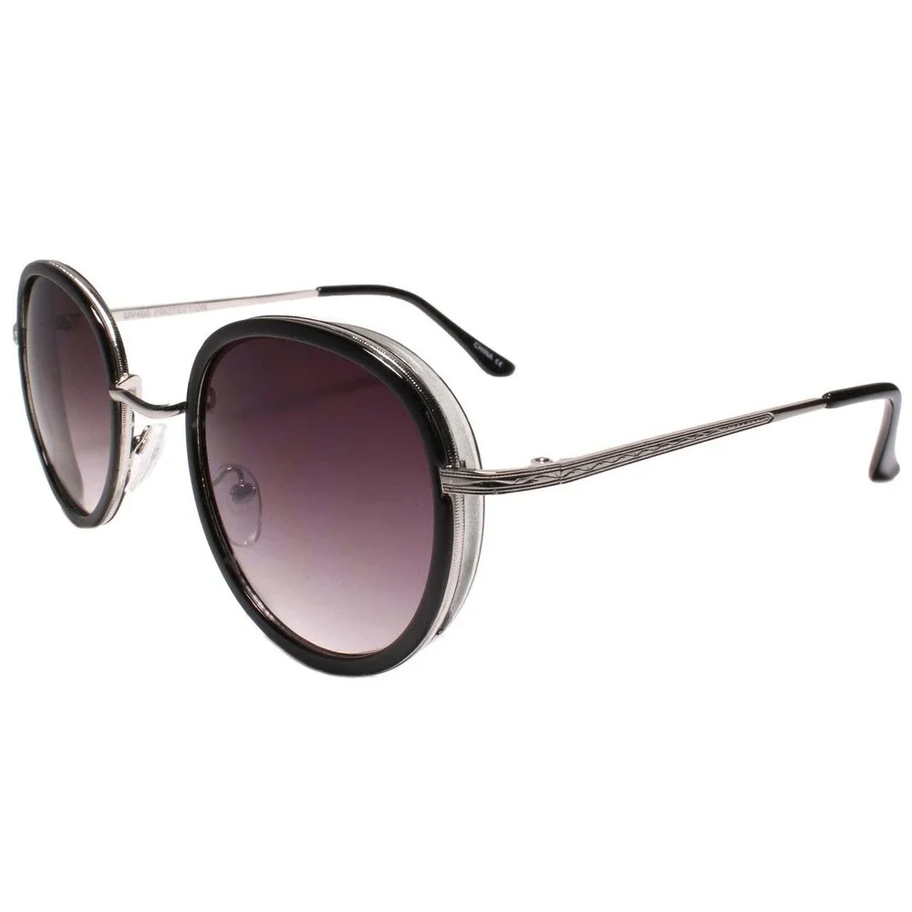 Indie Dapper 80s 90s Retro Vintage Look Round Black & Silver Frame Sunglasses
